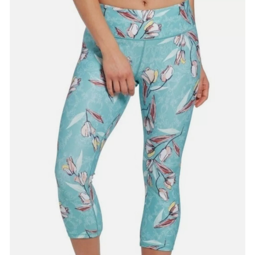 Calia Mid-Rise Capri Leggings Size S Aqua Blue Floral Athletic Yoga Fitness